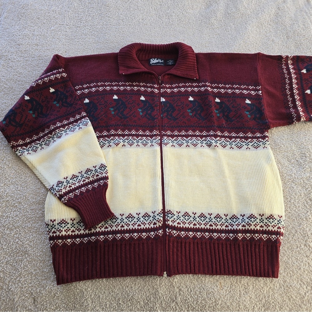 Vtg Blair 90s Fair Isle Nordic Cabin Skiing Man Full-zip Cardigan Sweater Sz 2XL